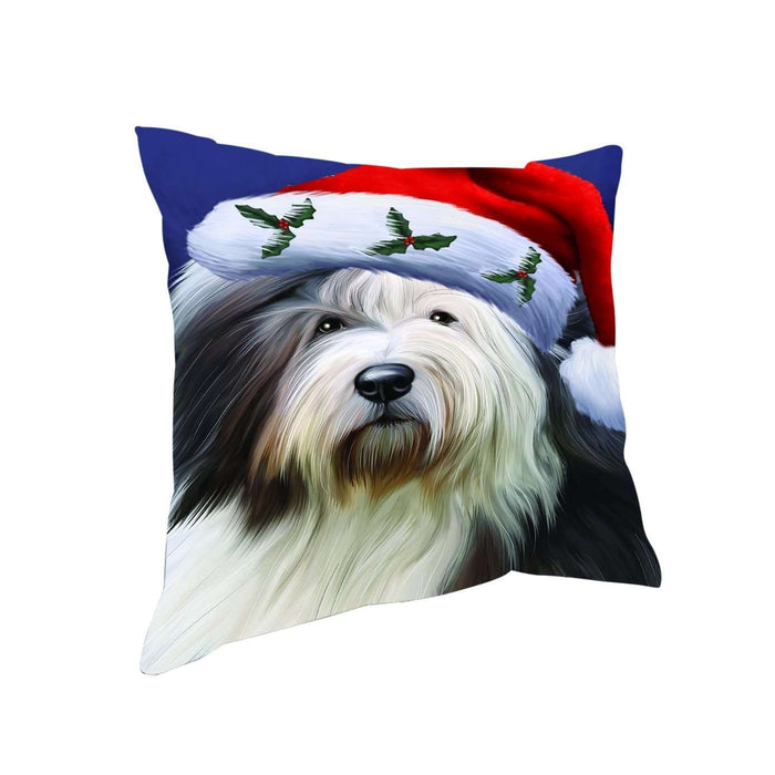 Christmas Old English Sheepdog Dog Holiday Portrait with Santa Hat Throw Pillow