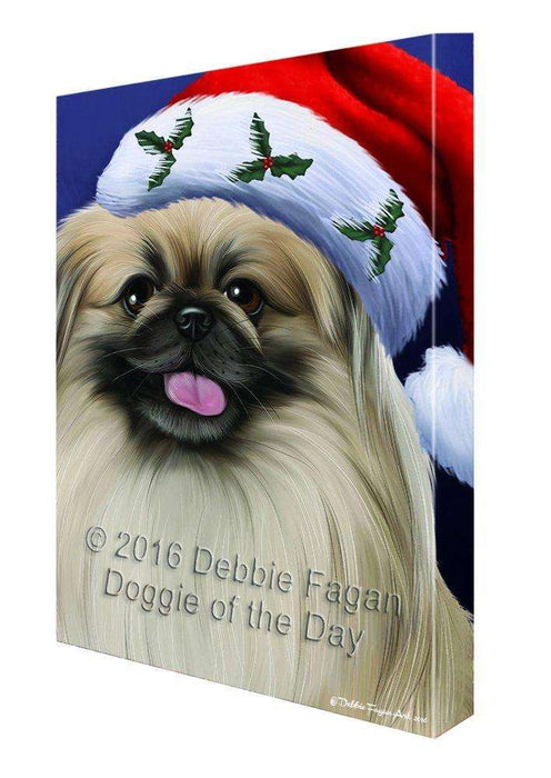 Christmas Pekingese Dog Holiday Portrait with Santa Hat Canvas Wall Art