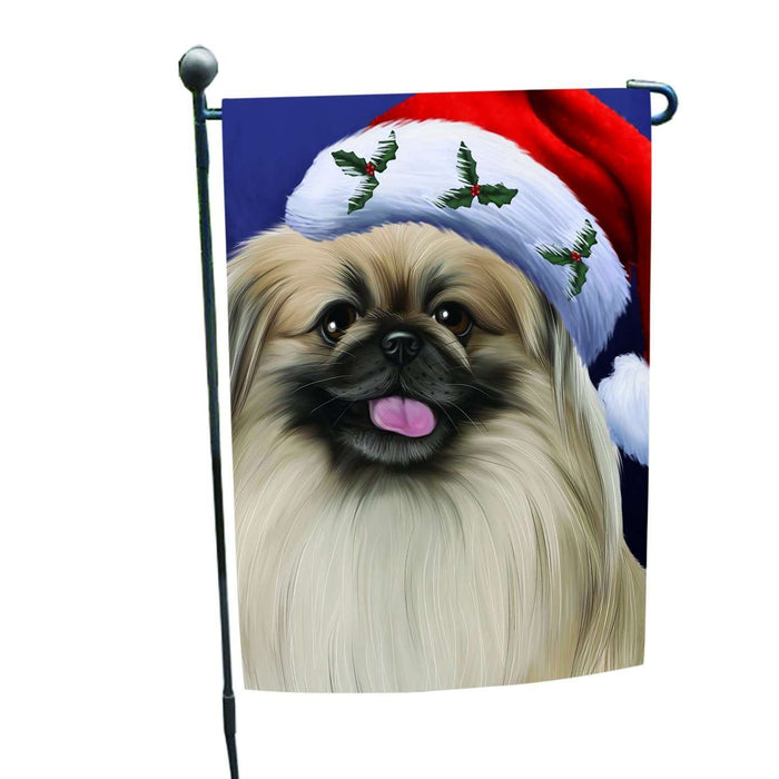 Christmas Pekingese Dog Holiday Portrait with Santa Hat Garden Flag