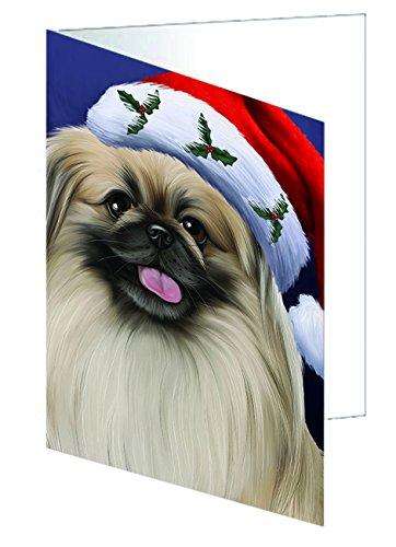 Christmas Pekingese Dog Holiday Portrait with Santa Hat Handmade Artwork Assorted Pets Greeting Cards and Note Cards with Envelopes for All Occasions and Holiday Seasons