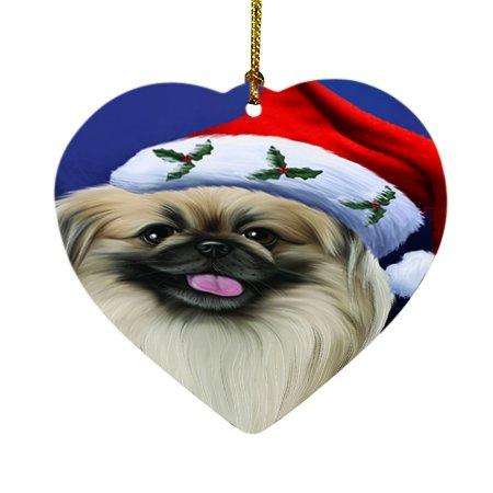 Christmas Pekingese Dog Holiday Portrait with Santa Hat Heart Ornament D013
