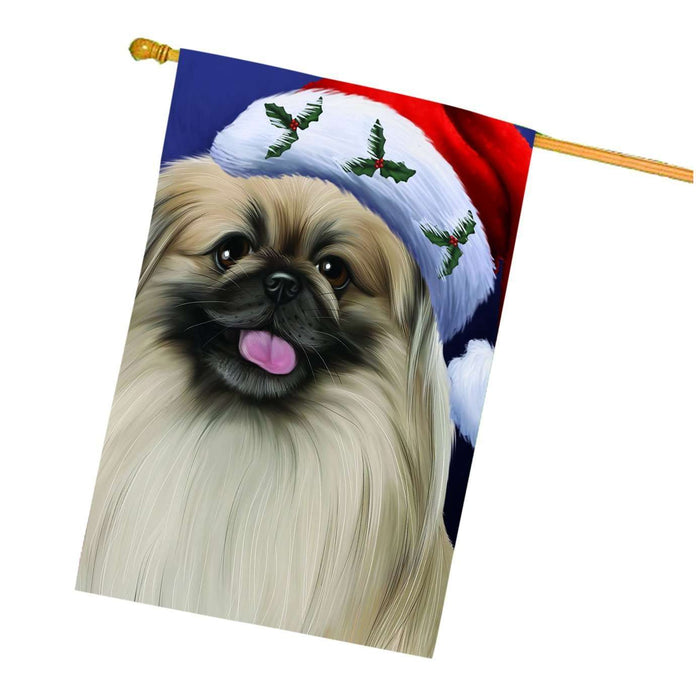 Christmas Pekingese Dog Holiday Portrait with Santa Hat House Flag