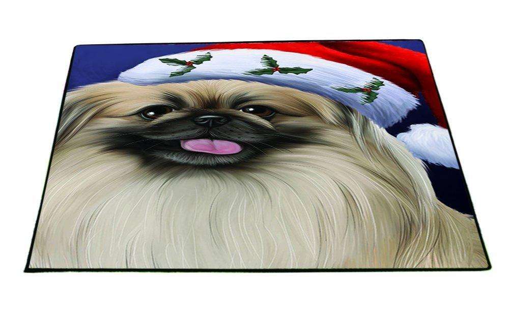 Christmas Pekingese Dog Holiday Portrait with Santa Hat Indoor/Outdoor Floormat
