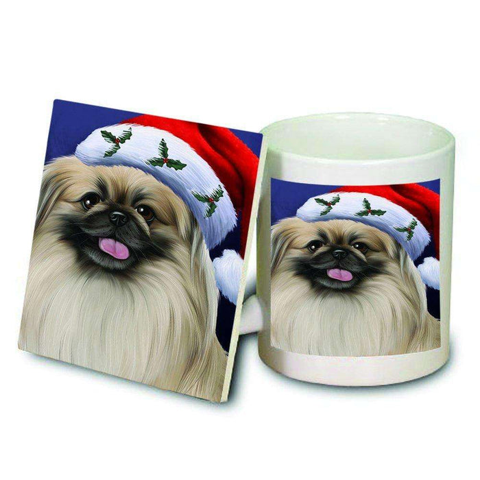 Christmas Pekingese Dog Holiday Portrait with Santa Hat Mug and Coaster Set
