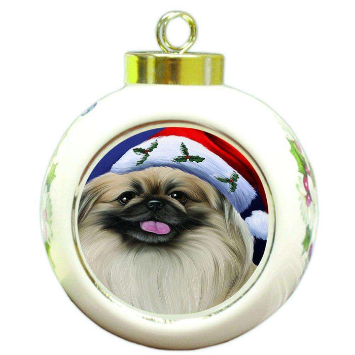 Christmas Pekingese Dog Holiday Portrait with Santa Hat Round Ball Ornament D013