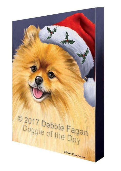 Christmas Pomeranians Dog Holiday Portrait with Santa Hat Canvas Wall Art