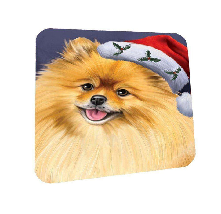 Christmas Pomeranians Dog Holiday Portrait with Santa Hat Coasters Set of 4