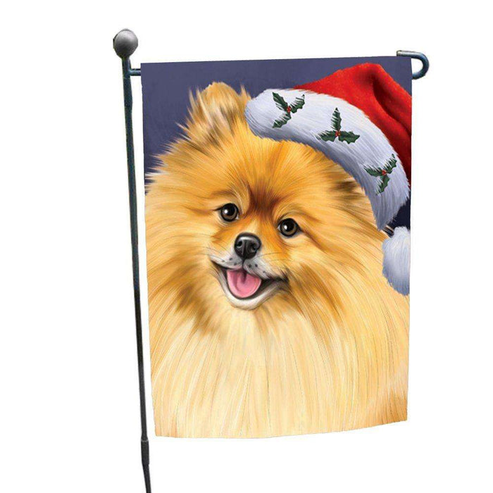 Christmas Pomeranians Dog Holiday Portrait with Santa Hat Garden Flag