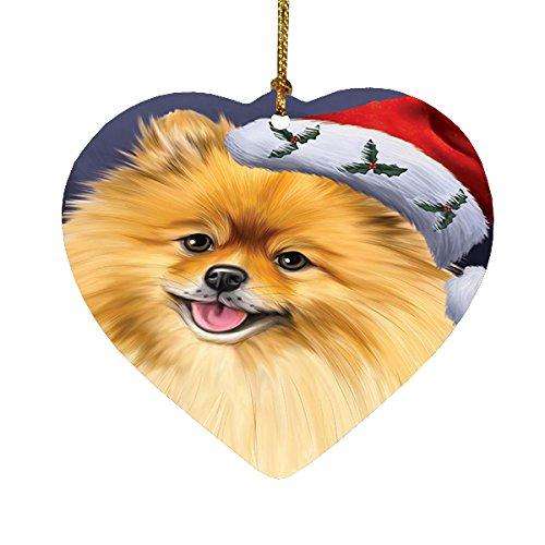 Christmas Pomeranians Dog Holiday Portrait with Santa Hat Heart Ornament