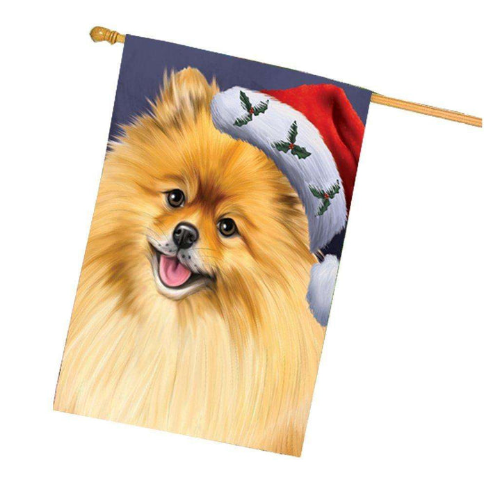 Christmas Pomeranians Dog Holiday Portrait with Santa Hat House Flag
