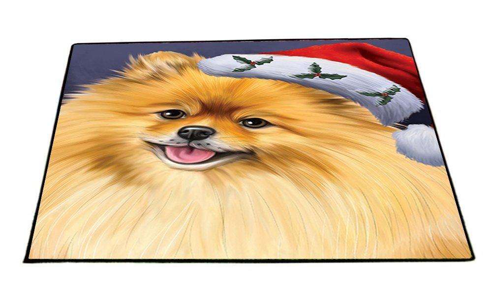 Christmas Pomeranians Dog Holiday Portrait with Santa Hat Indoor/Outdoor Floormat