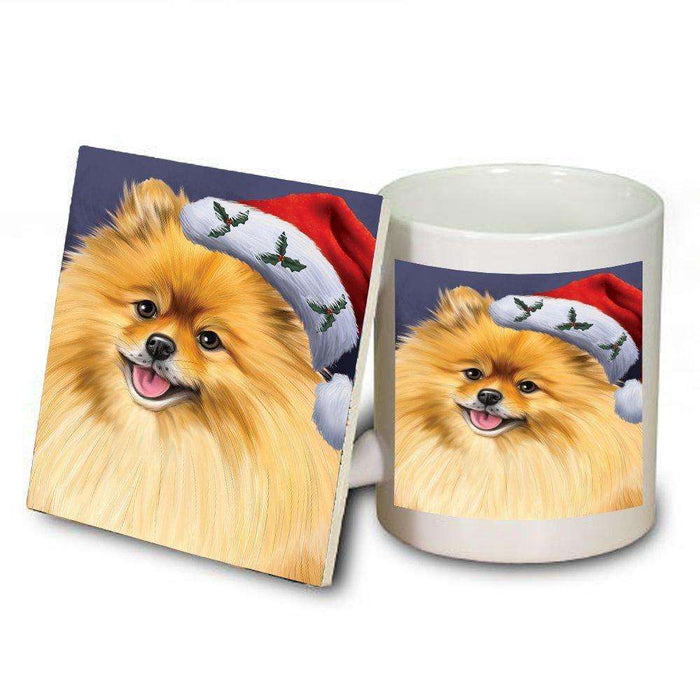 Christmas Pomeranians Dog Holiday Portrait with Santa Hat Mug and Coaster Set