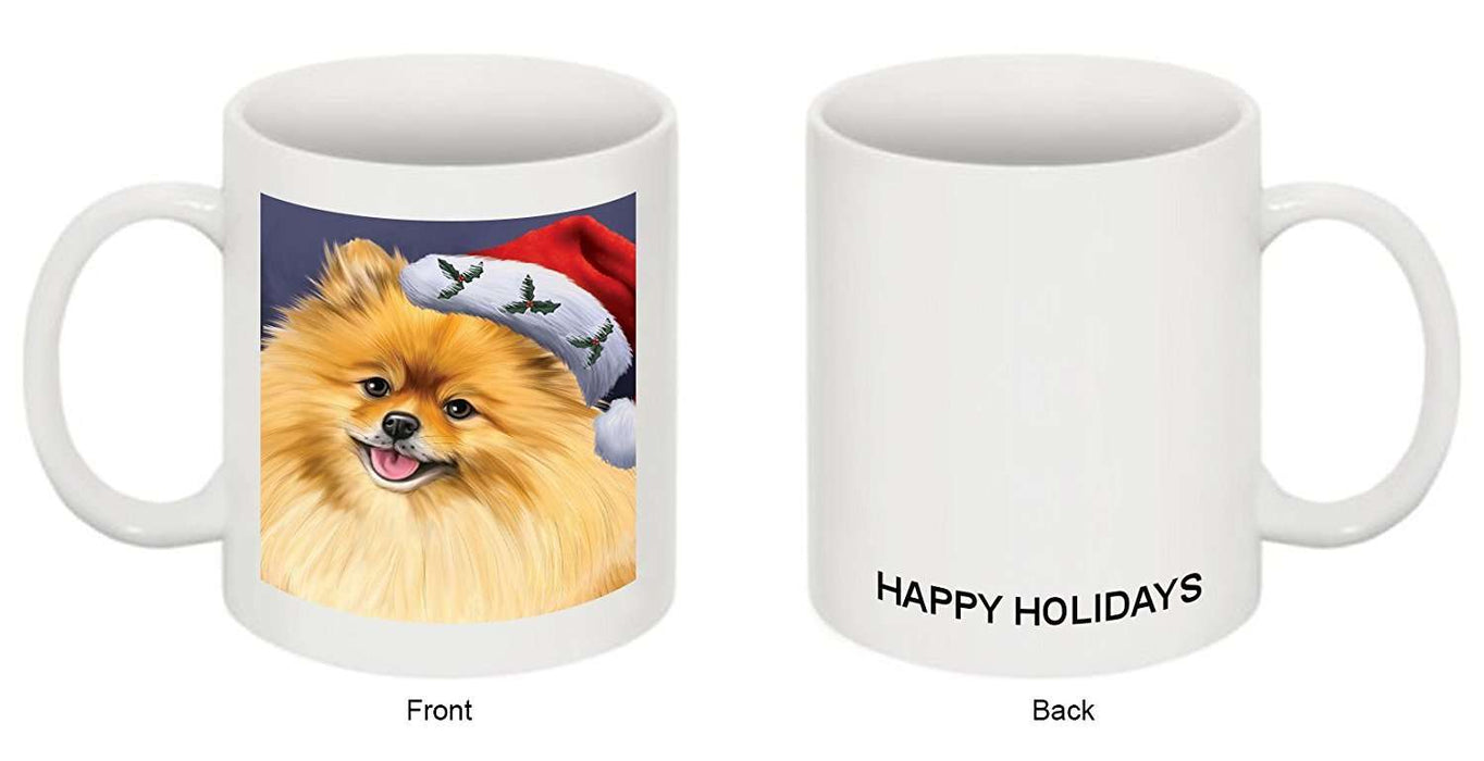 Christmas Pomeranians Dog Holiday Portrait with Santa Hat Mug