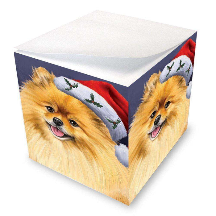 Christmas Pomeranians Dog Holiday Portrait with Santa Hat Note Cube D469