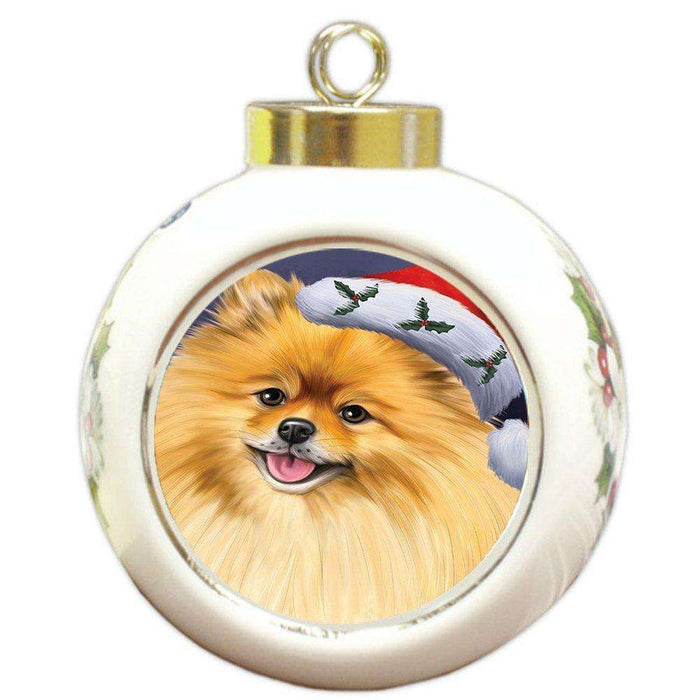 Christmas Pomeranians Dog Holiday Portrait with Santa Hat Round Ball Ornament