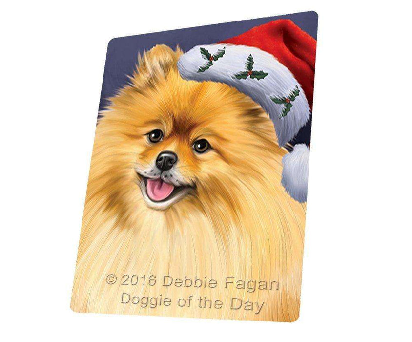 Christmas Pomeranians Dog Holiday Portrait with Santa Hat Tempered Cutting Board (Small)