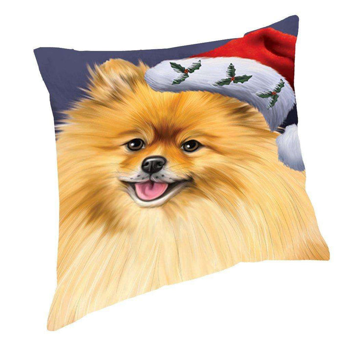 Christmas Pomeranians Dog Holiday Portrait with Santa Hat Throw Pillow