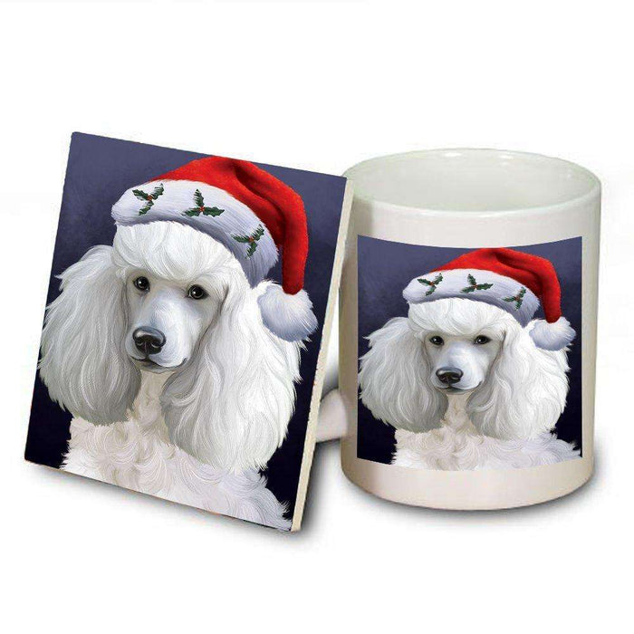 Christmas Poodles Dog Holiday Portrait with Santa Hat Mug and Coaster Set