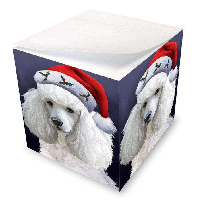 Christmas Poodles Dog Holiday Portrait with Santa Hat Note Cube D470