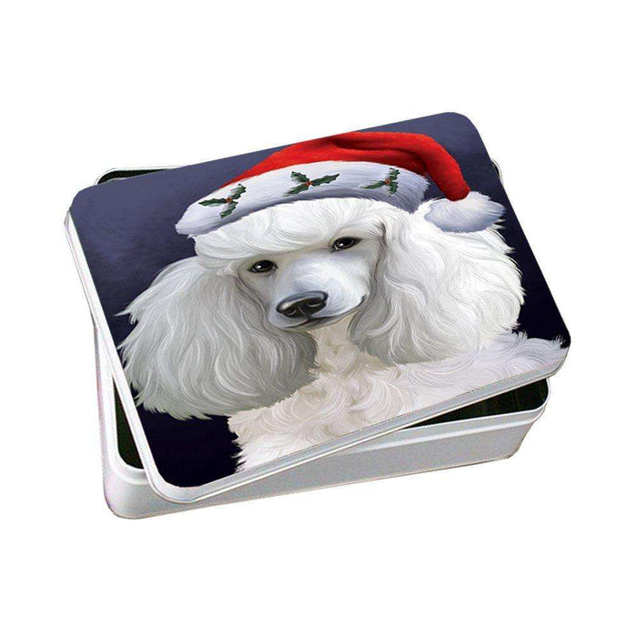 Christmas Poodles Dog Holiday Portrait with Santa Hat Photo Storage Tin