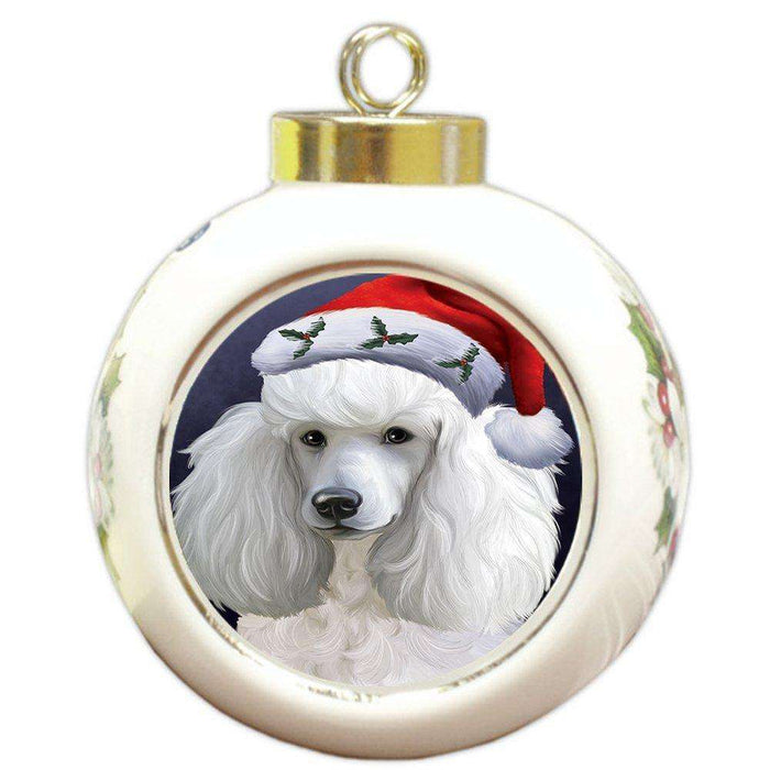 Christmas Poodles Dog Holiday Portrait with Santa Hat Round Ball Ornament