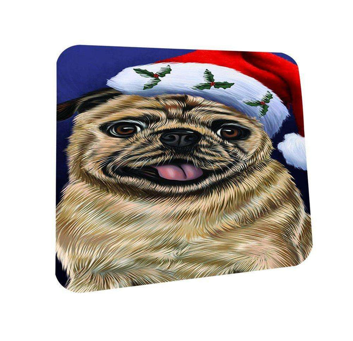 Christmas Pug Dog Holiday Portrait with Santa Hat Coasters Set of 4