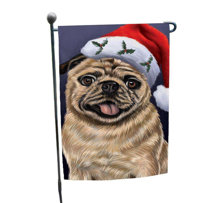 Christmas Pug Dog Holiday Portrait with Santa Hat Garden Flag