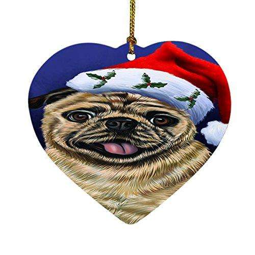 Christmas Pug Dog Holiday Portrait with Santa Hat Heart Ornament D034