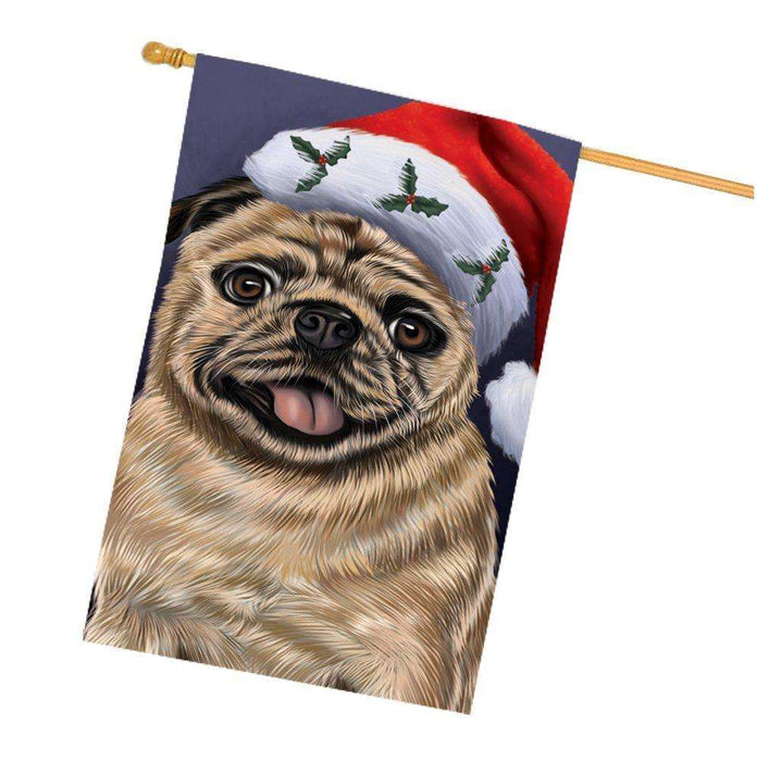 Christmas Pug Dog Holiday Portrait with Santa Hat House Flag