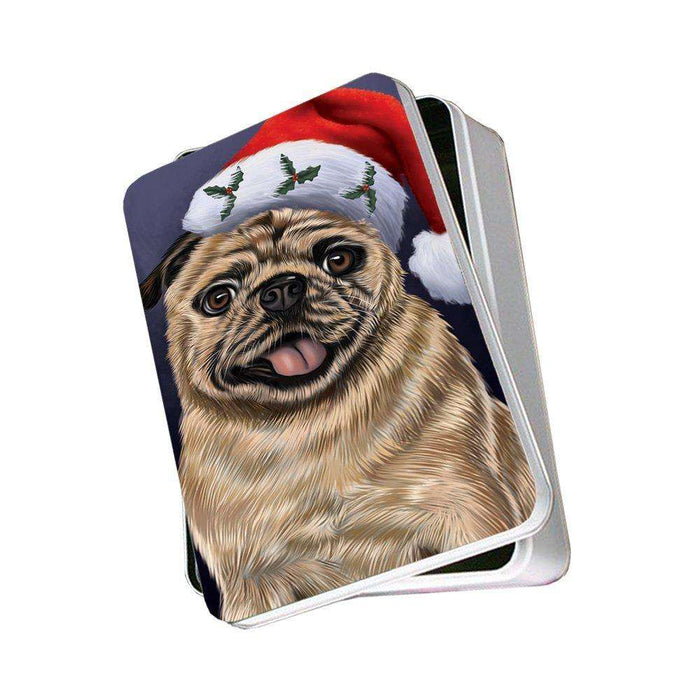 Christmas Pug Dog Holiday Portrait with Santa Hat Photo Storage Tin