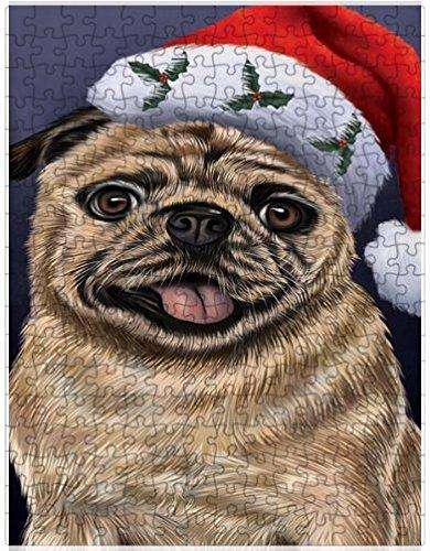 Christmas Pug Dog Holiday Portrait with Santa Hat Puzzle with Photo Tin