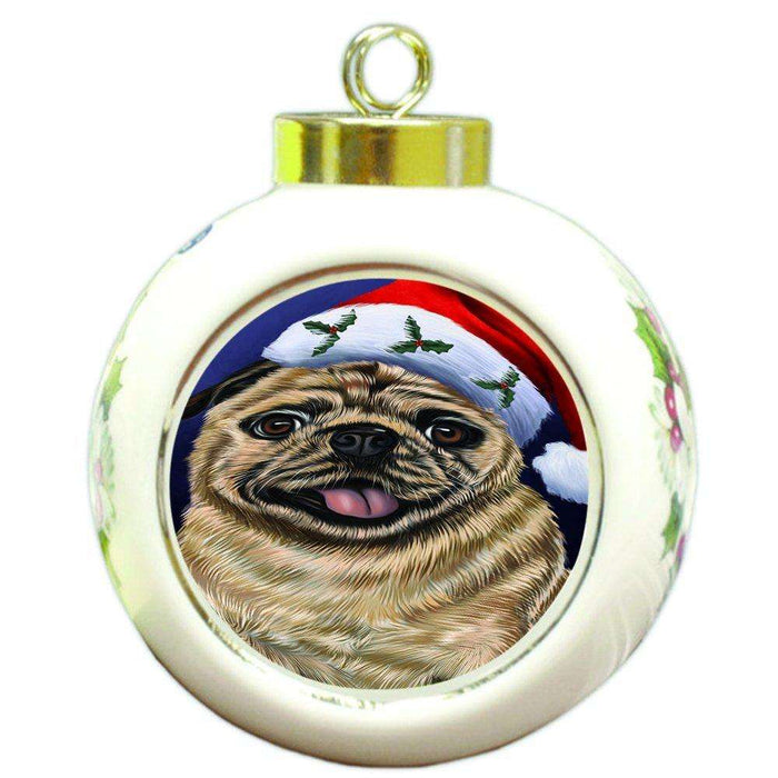 Christmas Pug Dog Holiday Portrait with Santa Hat Round Ball Ornament D034