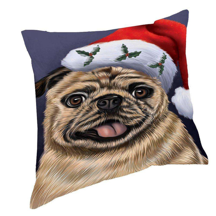 Christmas Pug Dog Holiday Portrait with Santa Hat Throw Pillow