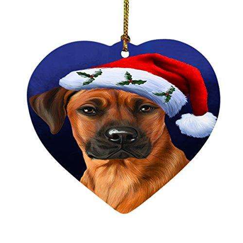 Christmas Rhodesian Ridgebacks Dog Holiday Portrait with Santa Hat Heart Ornament D035