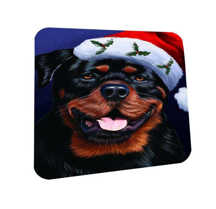 Christmas Rottweiler Dog Holiday Portrait with Santa Hat Coasters Set of 4