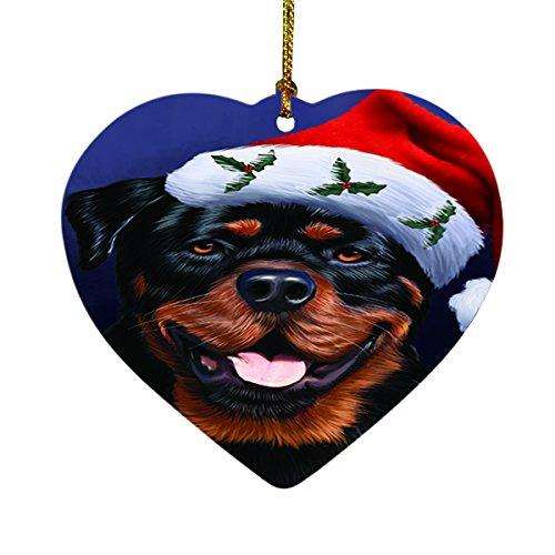 Christmas Rottweiler Dog Holiday Portrait with Santa Hat Heart Ornament D036
