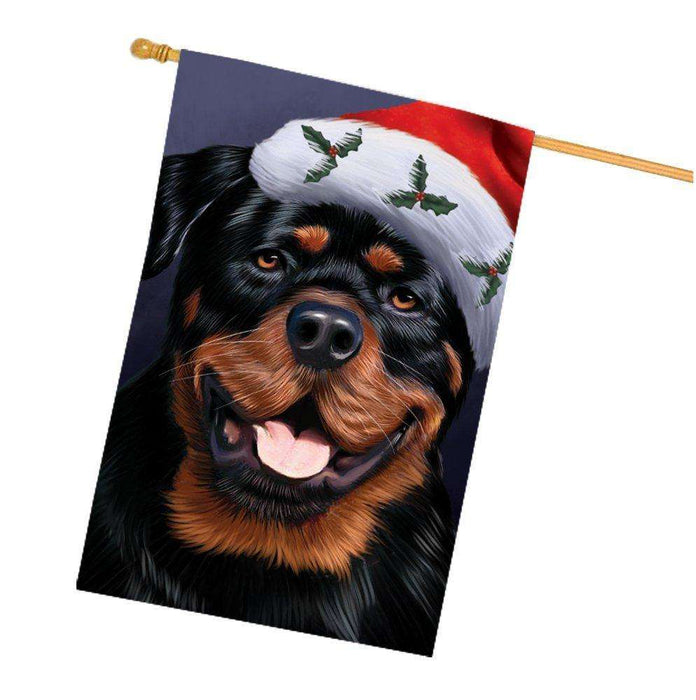 Christmas Rottweiler Dog Holiday Portrait with Santa Hat House Flag