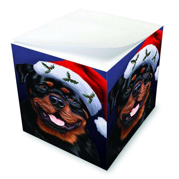 Christmas Rottweiler Dog Holiday Portrait with Santa Hat Note Cube D032