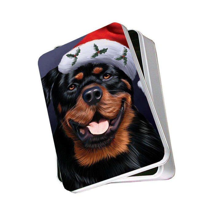 Christmas Rottweiler Dog Holiday Portrait with Santa Hat Photo Storage Tin