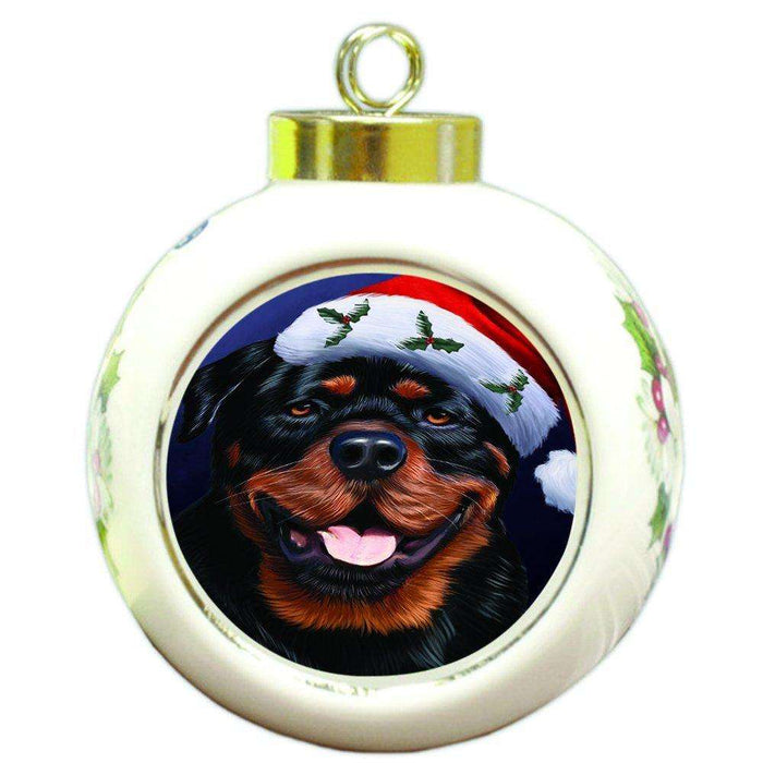 Christmas Rottweiler Dog Holiday Portrait with Santa Hat Round Ball Ornament D036