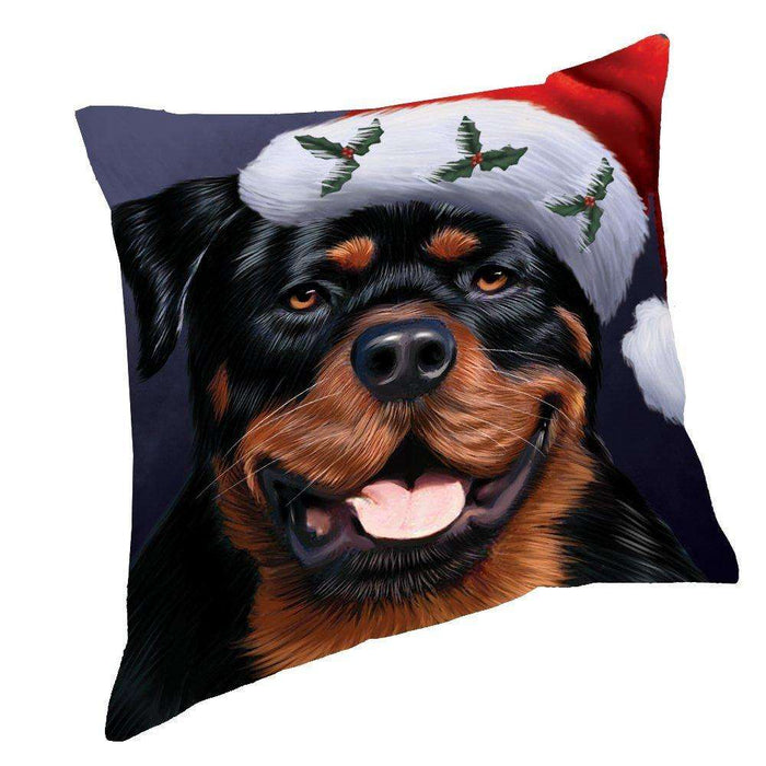 Christmas Rottweiler Dog Holiday Portrait with Santa Hat Throw Pillow
