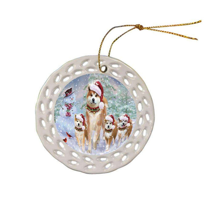 Christmas Running Family Dogs Akitas Dog Ceramic Doily Ornament DPOR54216