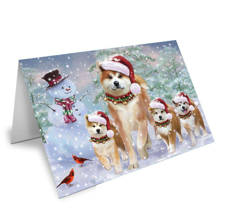Christmas Running Family Dogs Akitas Dog Handmade Artwork Assorted Pets Greeting Cards and Note Cards with Envelopes for All Occasions and Holiday Seasons GCD66677