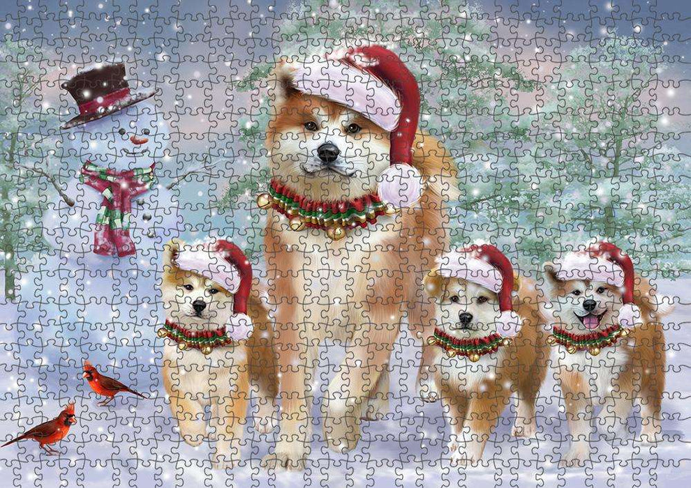 Christmas Running Family Dogs Akitas Dog Puzzle with Photo Tin PUZL84020