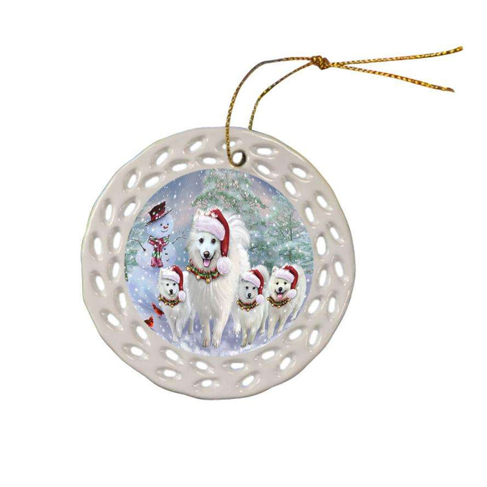 Christmas Running Family Dogs American Eskimos Dog Ceramic Doily Ornament DPOR54217