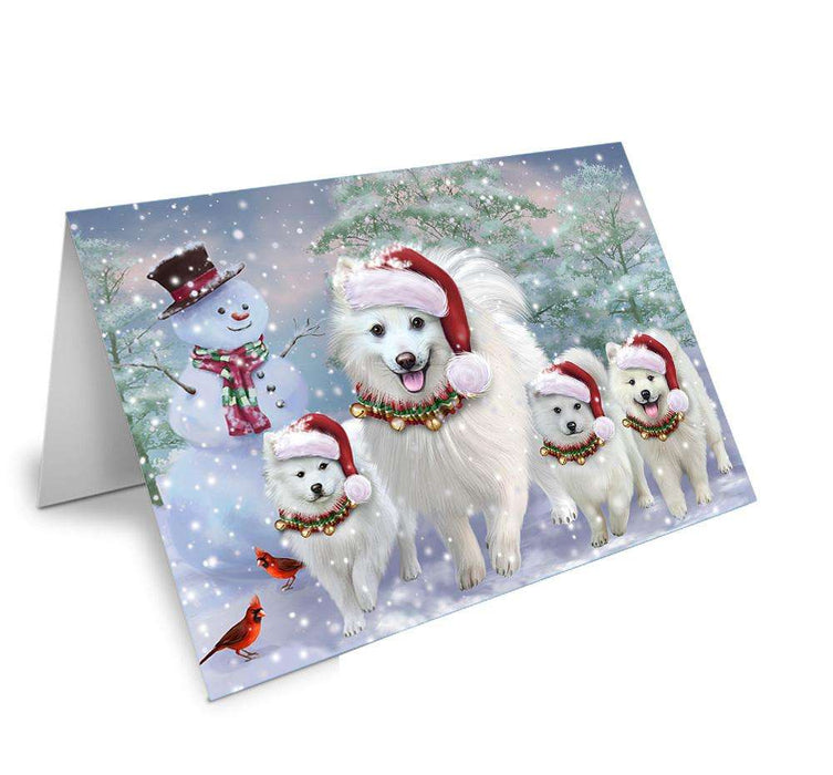 Christmas Running Family Dogs American Eskimos Dog Handmade Artwork Assorted Pets Greeting Cards and Note Cards with Envelopes for All Occasions and Holiday Seasons GCD66680