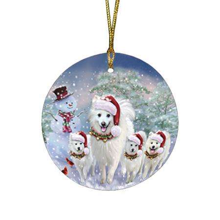 Christmas Running Family Dogs American Eskimos Dog Round Flat Christmas Ornament RFPOR54208