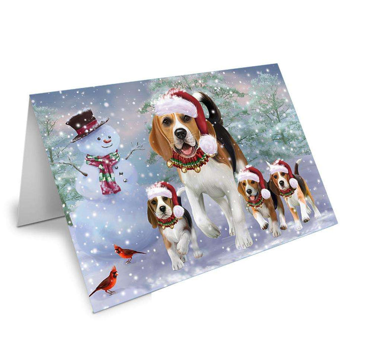 Christmas Running Family Dogs Beagles Dog Handmade Artwork Assorted Pets Greeting Cards and Note Cards with Envelopes for All Occasions and Holiday Seasons GCD66683