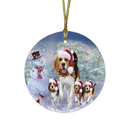 Christmas Running Family Dogs Beagles Dog Round Flat Christmas Ornament RFPOR54209