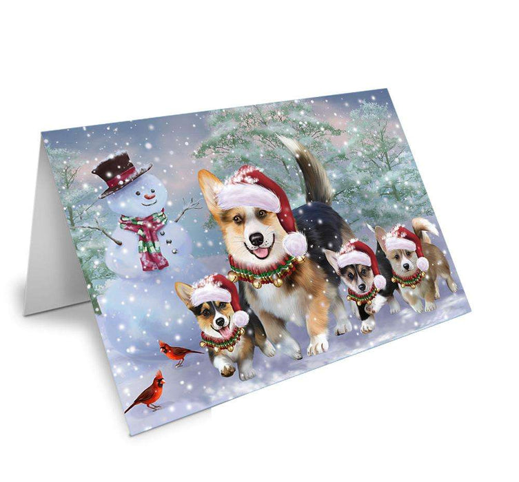 Christmas Running Family Dogs Corgis Dog Handmade Artwork Assorted Pets Greeting Cards and Note Cards with Envelopes for All Occasions and Holiday Seasons GCD66686